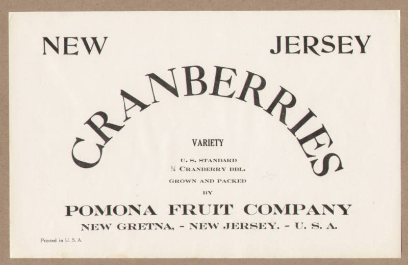 New Gretna Cranberry label Pomona Fruit Company New Gretna Bass
